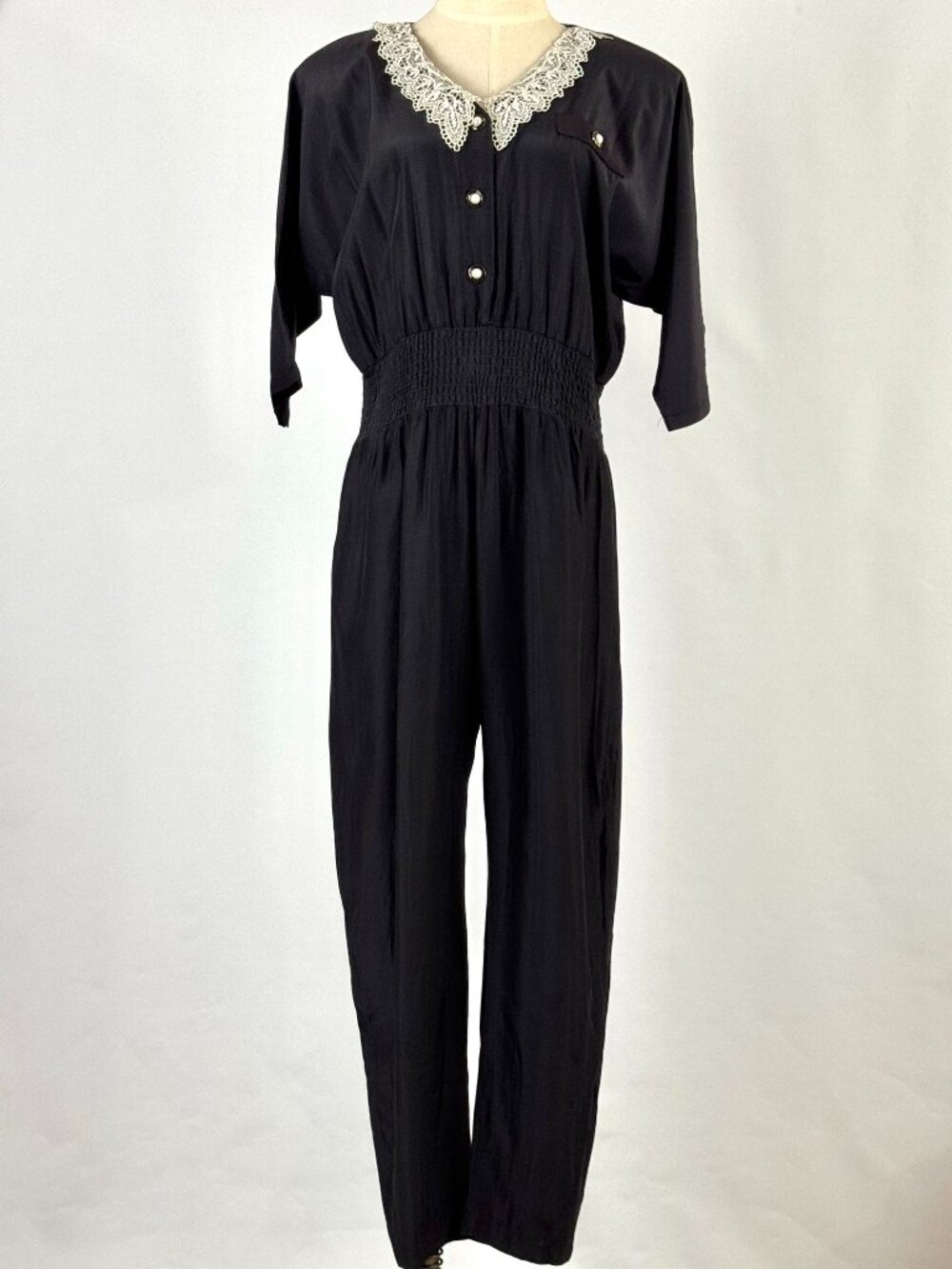 Vtg LA Girl 90s Womens Lace Collar Black Jumpsuit Dolman Sleeve Elastic Waist
